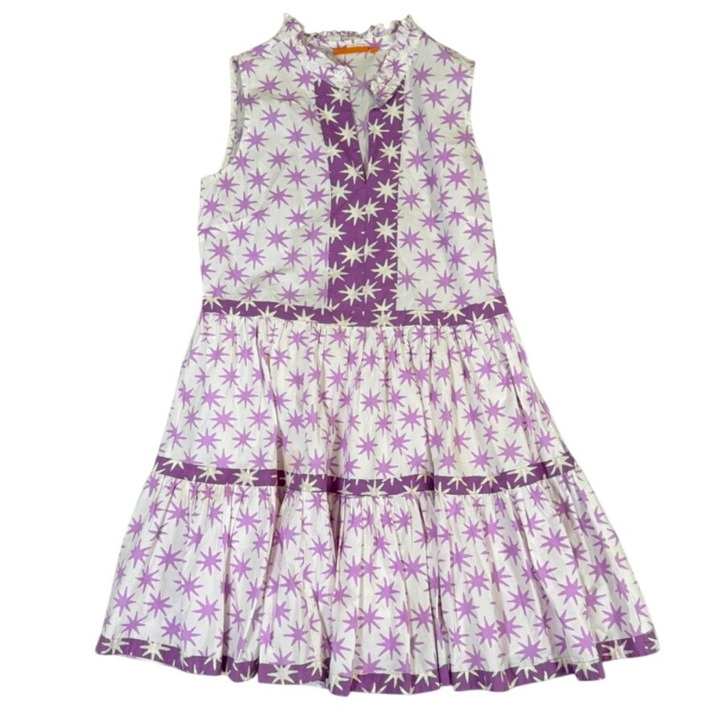 Oliphant Purple White Starburst Block Print Sleeveless Tiered Mini Dress Medium